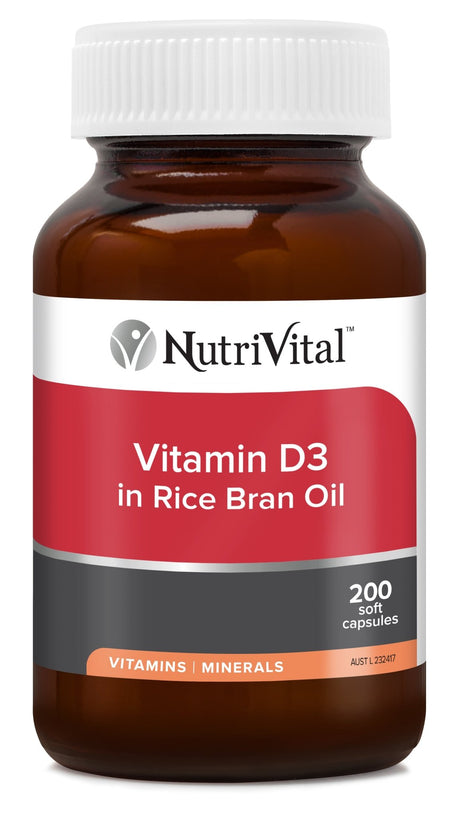 NutriVital Vitamin D3 in Rice Bran Oil Capsules 200 capsules - Dr Earth - Supplements, Nutrivital
