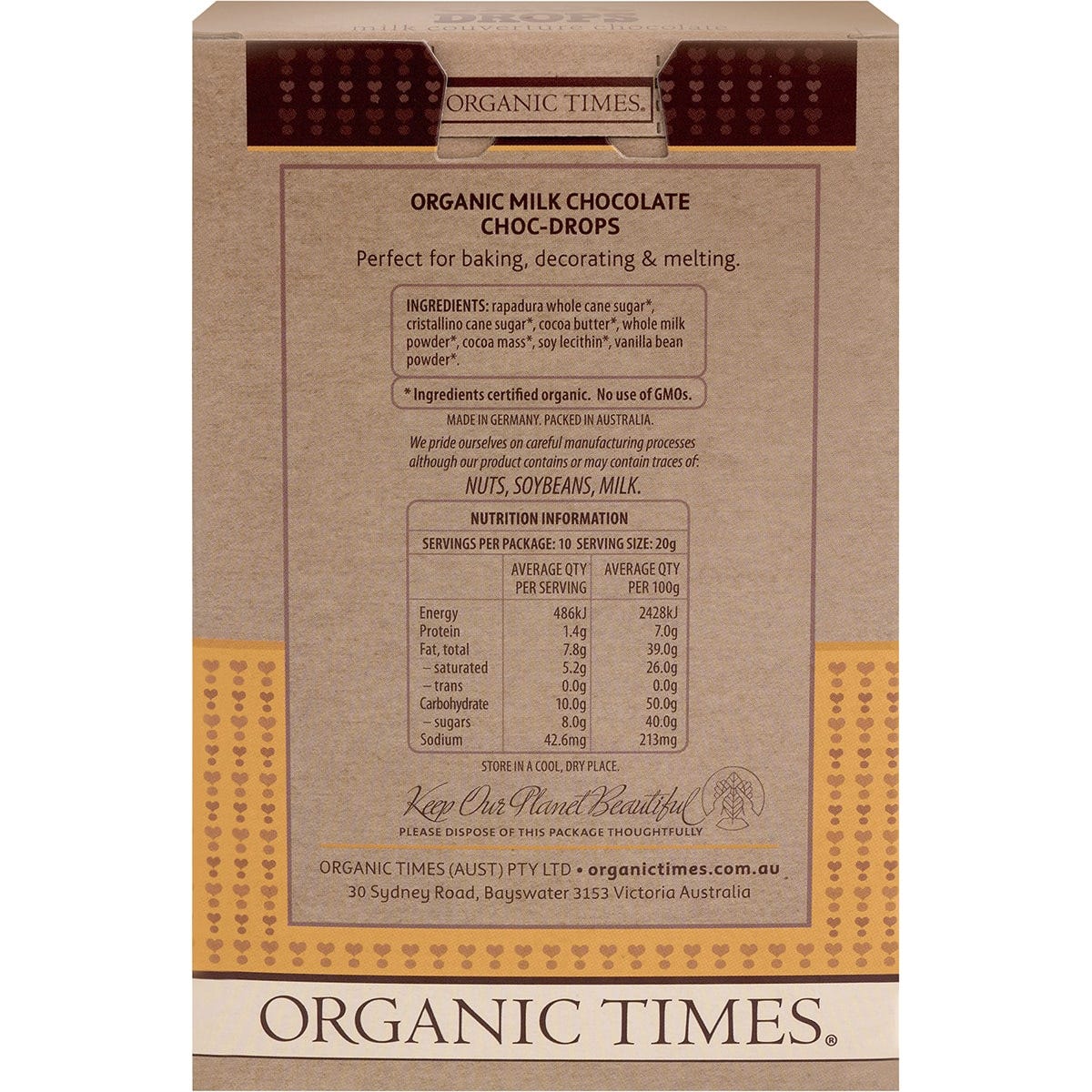 Organic Times Choc Drops Milk Couverture Drops 200g - Dr Earth - Baking