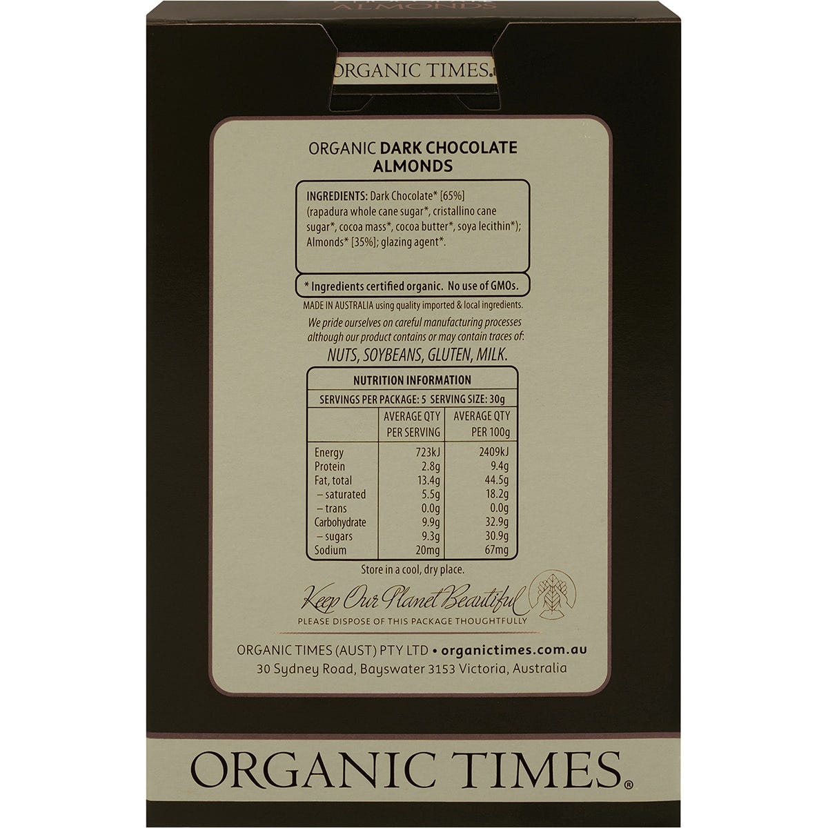 Organic Times Dark Chocolate Almonds 150g - Dr Earth - Chocolate & Carob