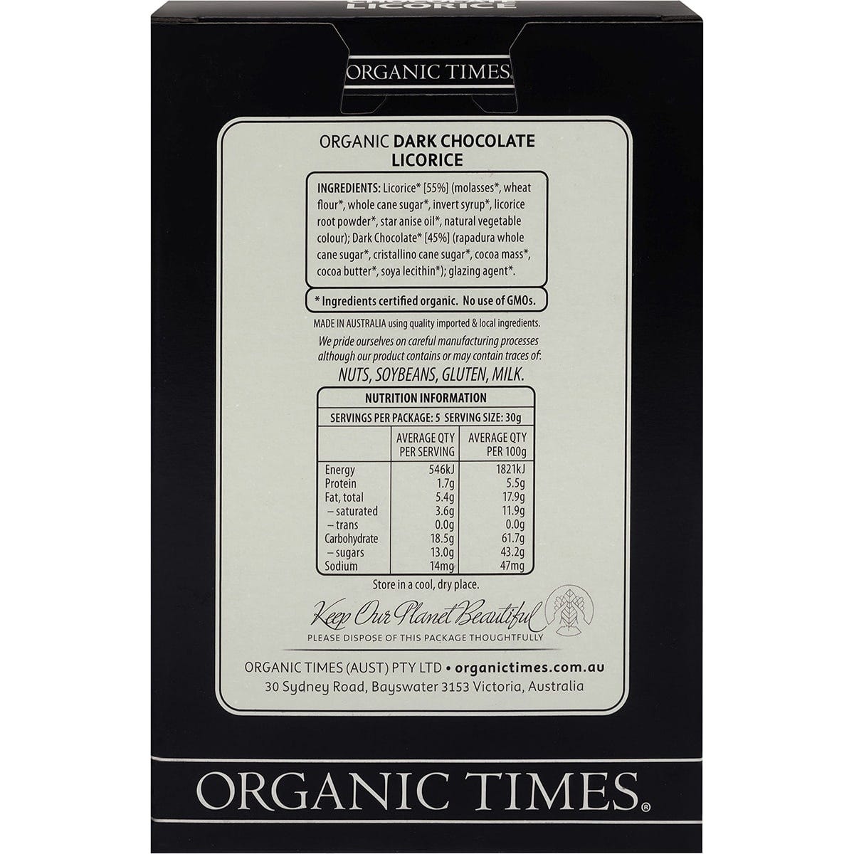 Organic Times Dark Chocolate Licorice 150g - Dr Earth - Chocolate & Carob