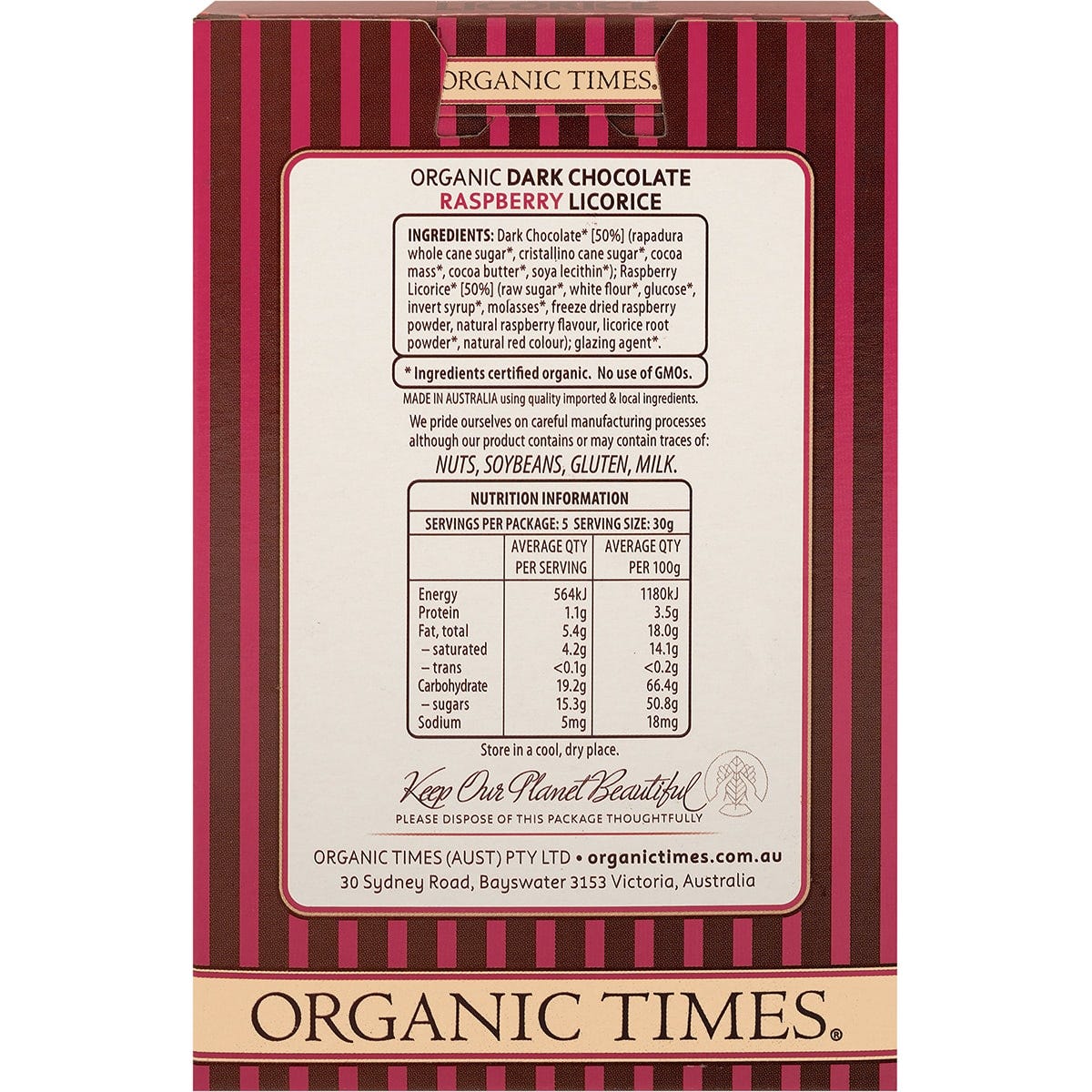 Organic Times Dark Chocolate Raspberry Licorice 150g - Dr Earth - Chocolate & Carob