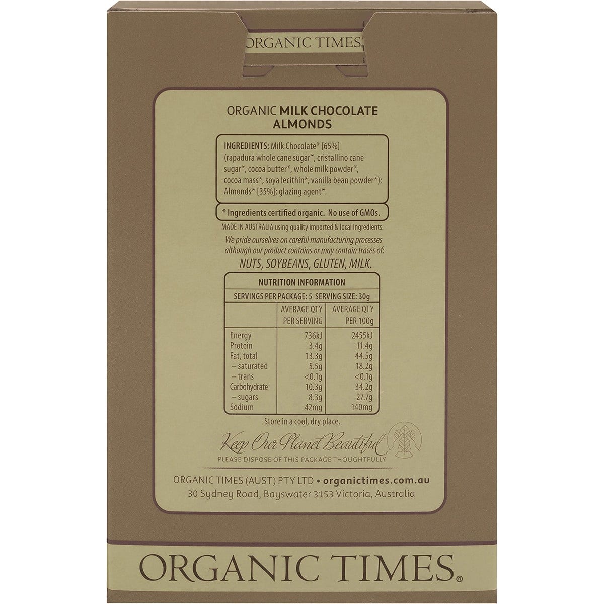 Organic Times Milk Chocolate Almonds 150g - Dr Earth - Chocolate & Carob