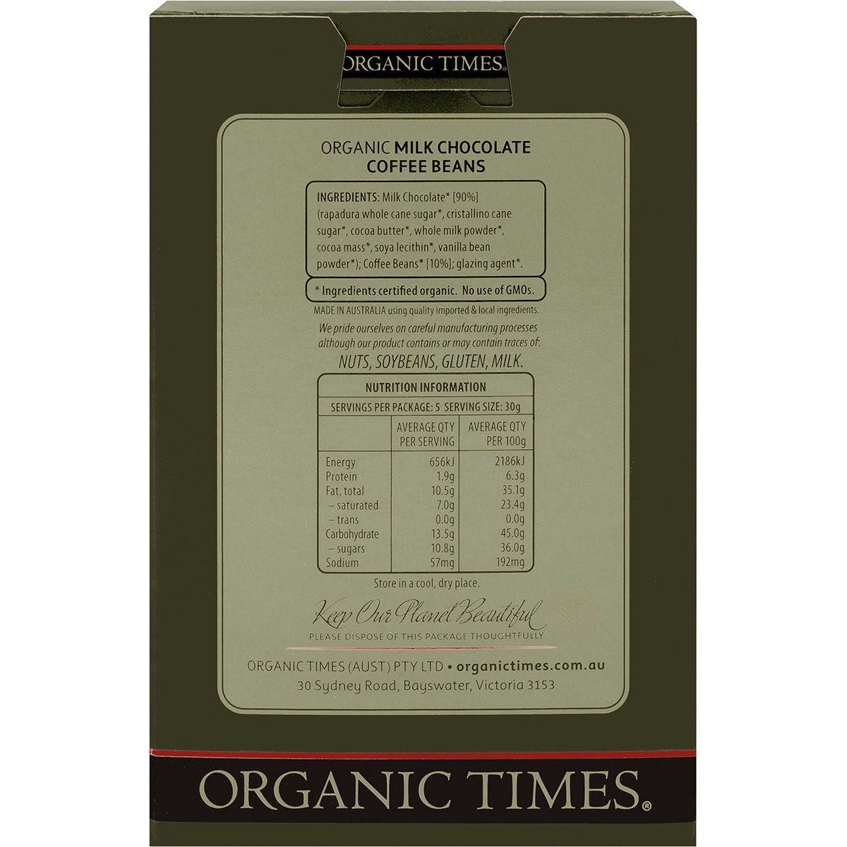 Organic Times Milk Chocolate Coffee Beans 150g - Dr Earth - Chocolate & Carob