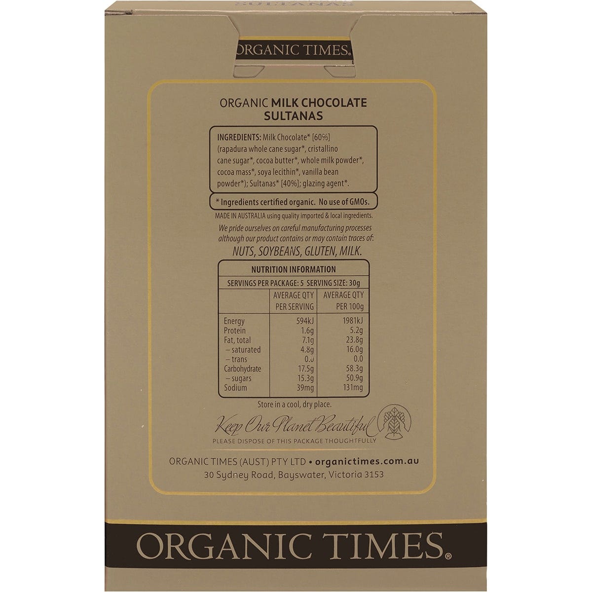 Organic Times Milk Chocolate Sultanas 150g - Dr Earth - Chocolate & Carob