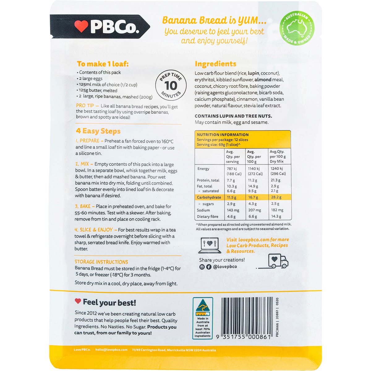 PBco Banana Bread Mix Low Carb 350g - Dr Earth - Baking