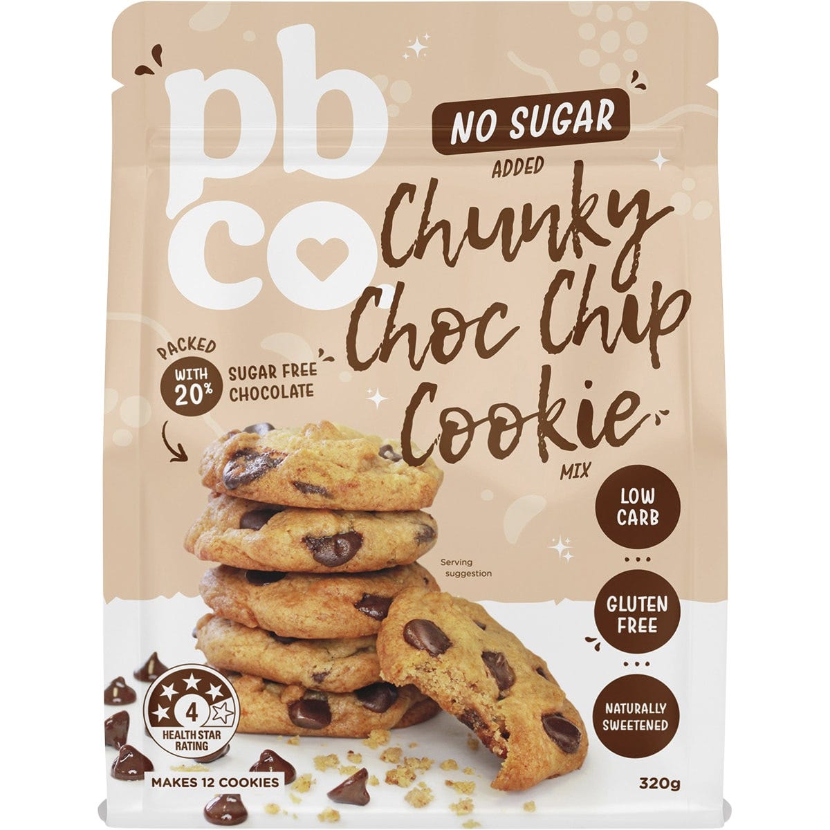PBco Chunky Choc Chip Cookie Mix No Sugar Added 320g - Dr Earth - Baking