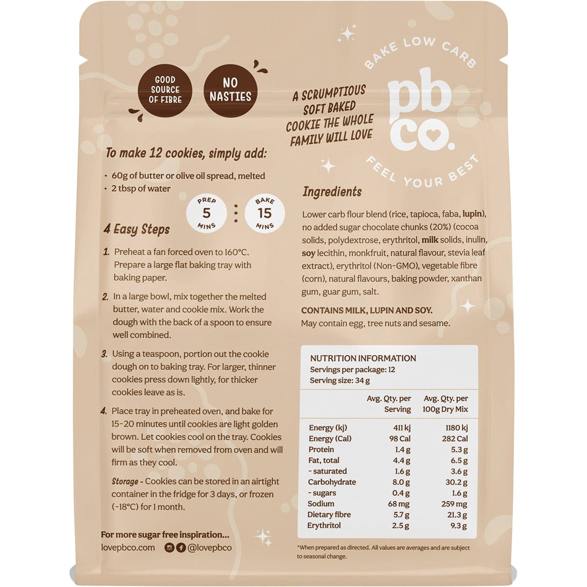 PBco Chunky Choc Chip Cookie Mix No Sugar Added 320g - Dr Earth - Baking