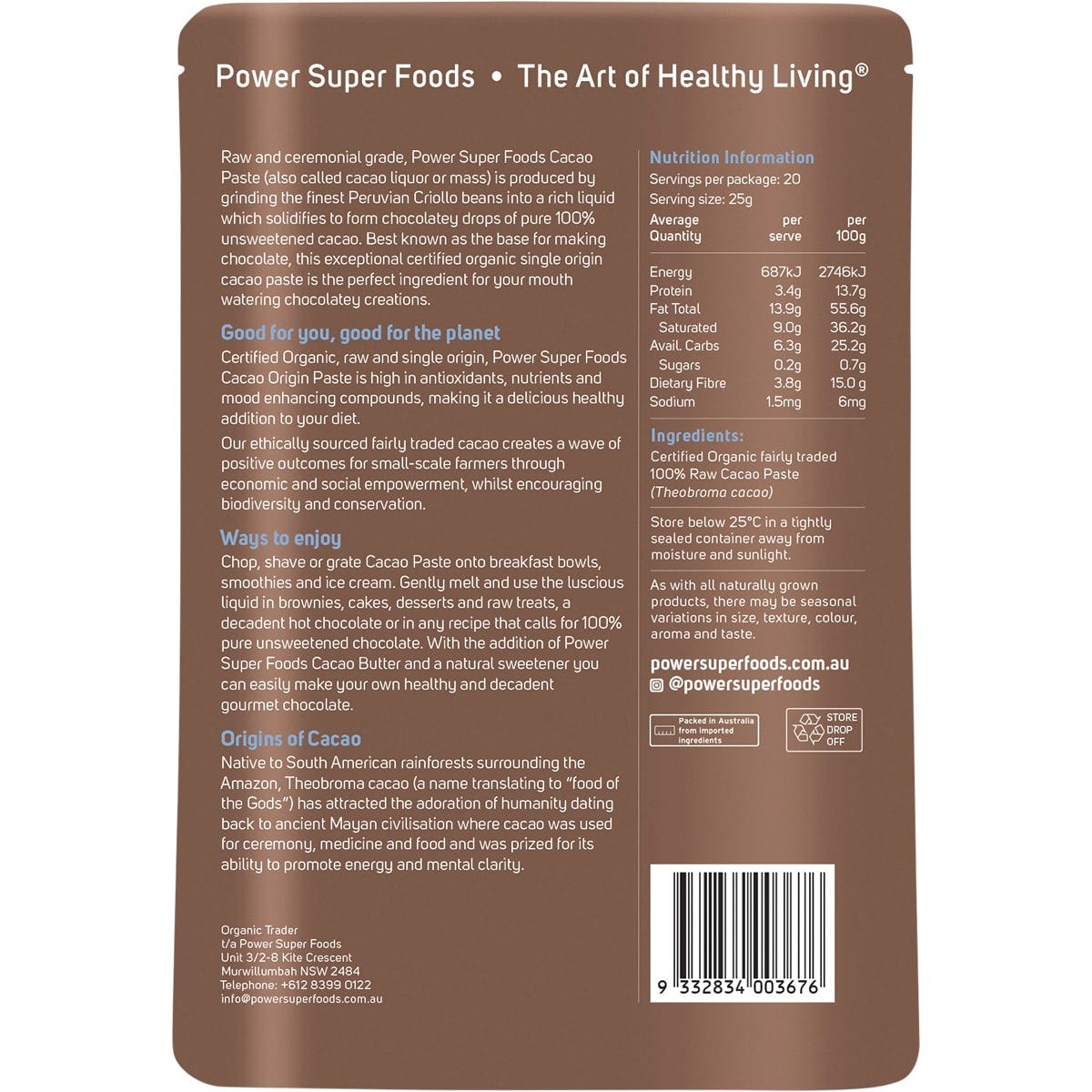 Power Super Foods Cacao Paste Buttons The Origin Series 500g - Dr Earth - Cacao