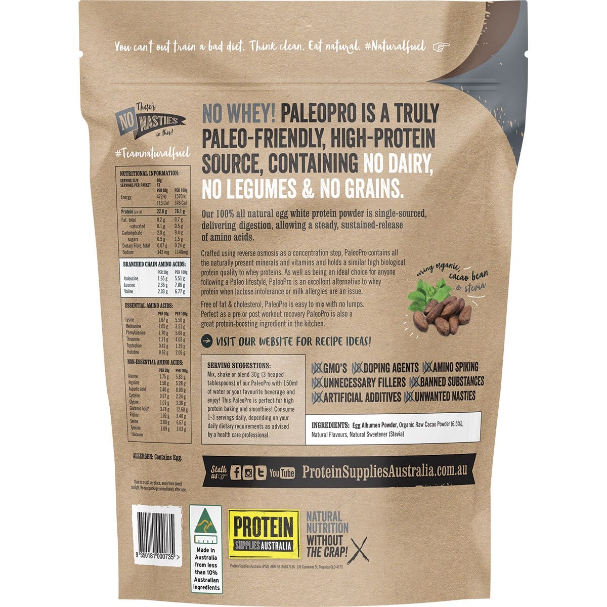 Protein Supplies Australia PaleoPro Egg White Protein Chocolate 400g - Dr Earth - Nutrition