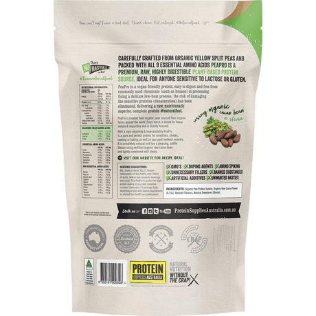 Protein Supplies Australia PeaPro Raw Pea Protein Chocolate 1kg - Dr Earth - Nutrition