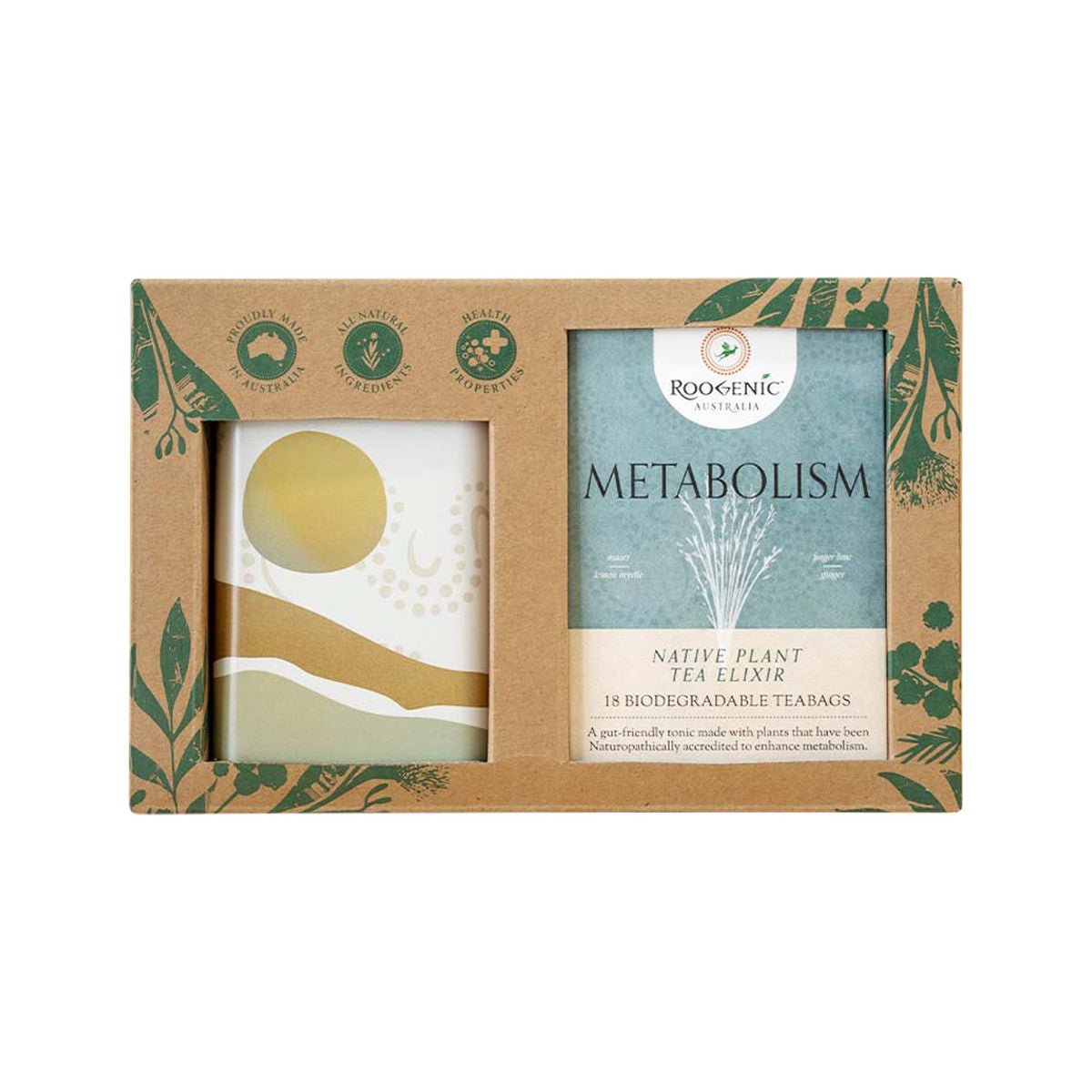 ROOGENIC AUSTRALIA Gift Box Metabolism (Native Plant Tea Elixir) x 18 Tea Bags with Wellness Tin - Dr Earth - Drinks, Pantry