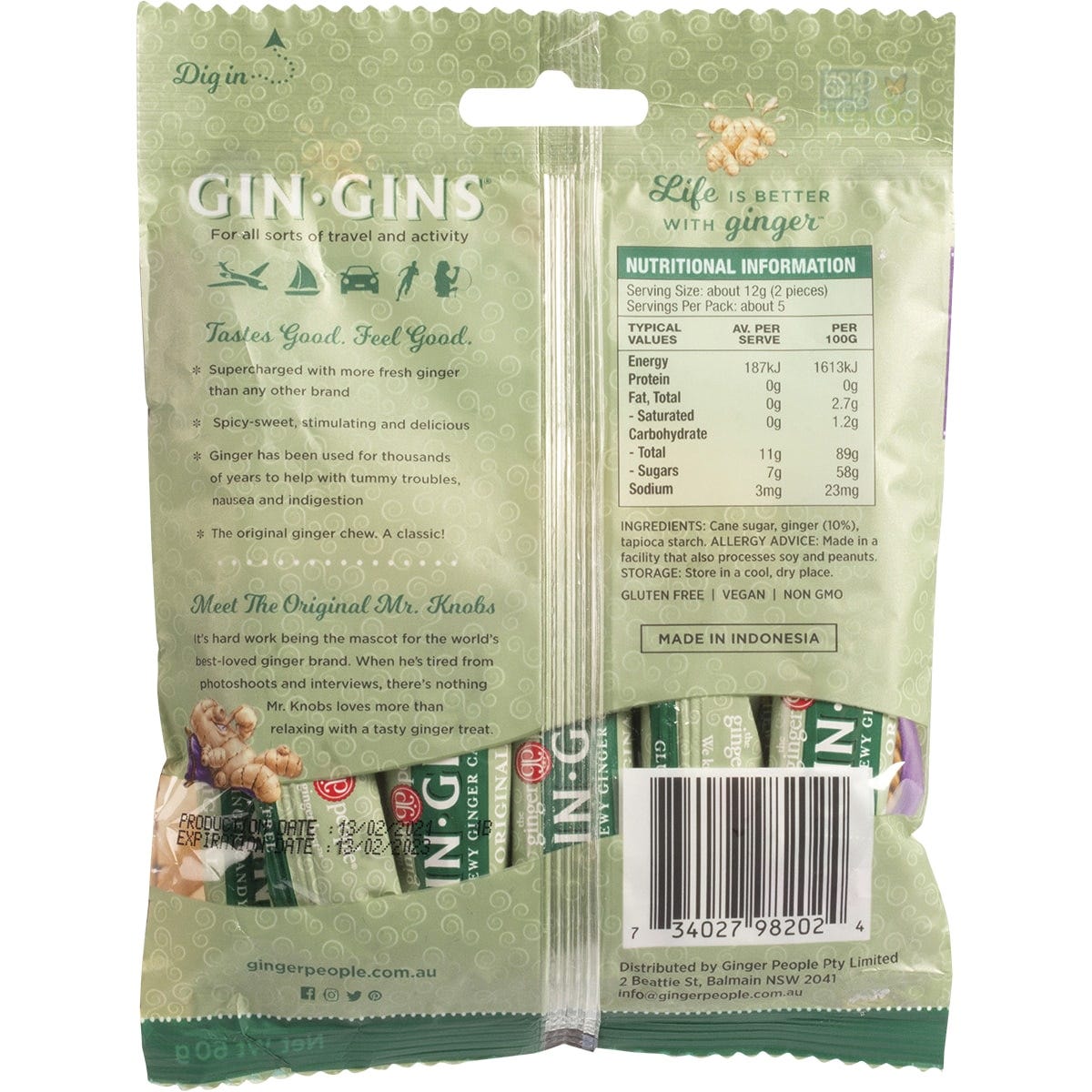 The Ginger People Gin Gins Ginger Candy Bag Chewy Original 60g - Dr Earth - Confectionary