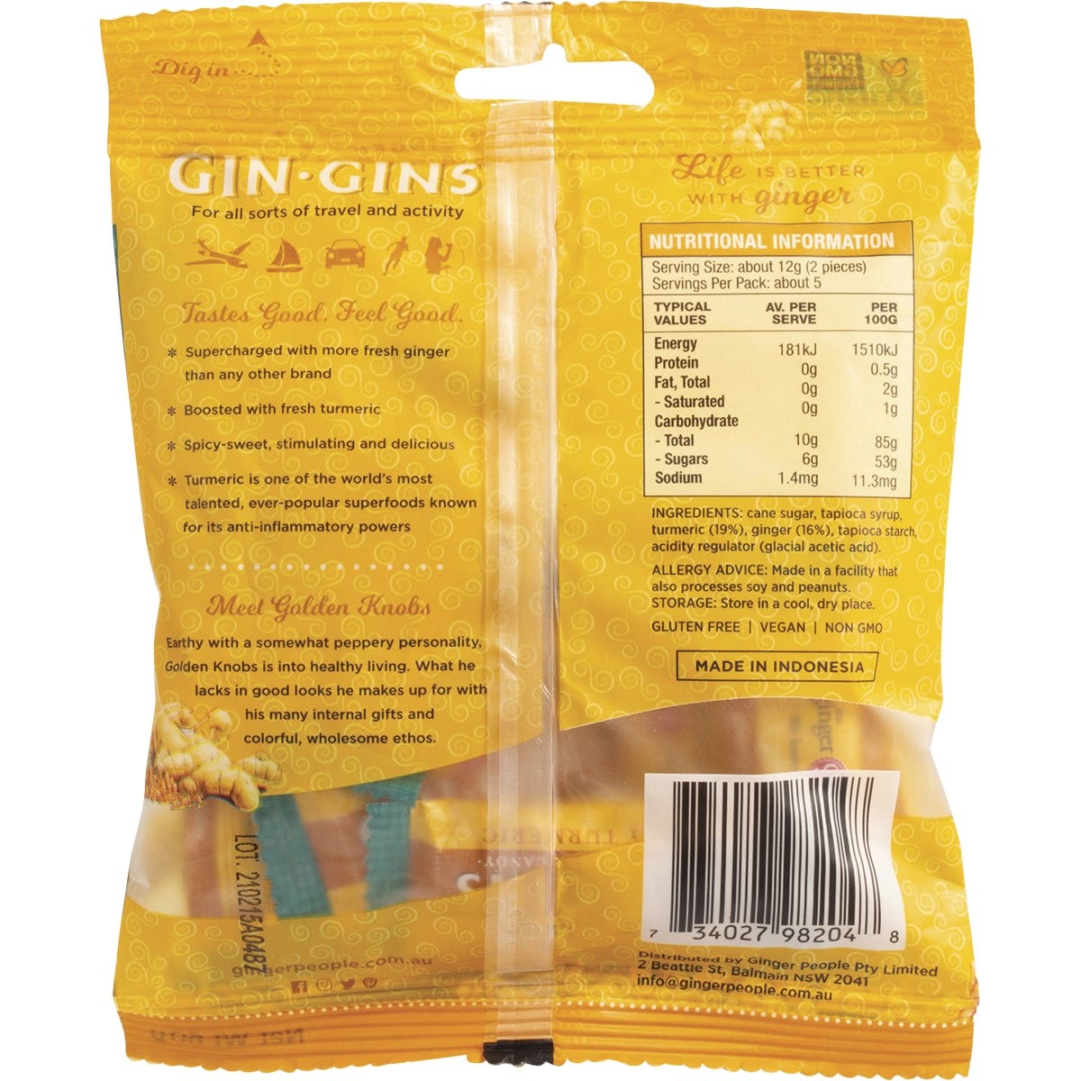 The Ginger People Gin Gins Ginger Candy Bag Chewy Spicy Turmeric 60g - Dr Earth - Confectionary