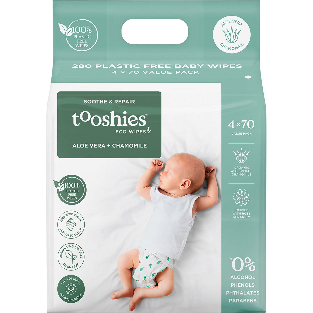 Tooshies Eco Wipes Value Pack Aloe Vera & Chamomile 70 - Dr Earth - Baby & Kids