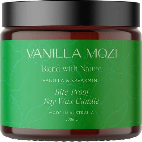 Vanilla Mozi Bite-Proof Soy Wax Candle Vanilla & Spearmint 500ml - Dr Earth - Outdoor Protection