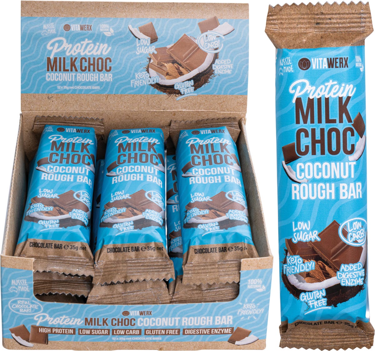 Vitawerx Protein Milk Chocolate Bar Coconut Rough 35g - Dr Earth - Chocolate & Carob