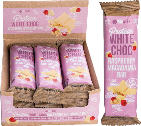 Vitawerx Protein White Chocolate Bar Raspberry Macadamia 35g - Dr Earth - Chocolate & Carob