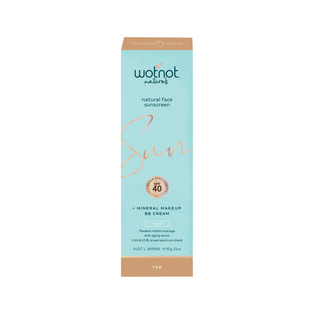 WOTNOT NATURALS Natural Face Sunscreen SPF 40 + Mineral MakeUp BB Cream Tan 60g - Dr Earth - Body & Beauty, Skincare, Sun Protection