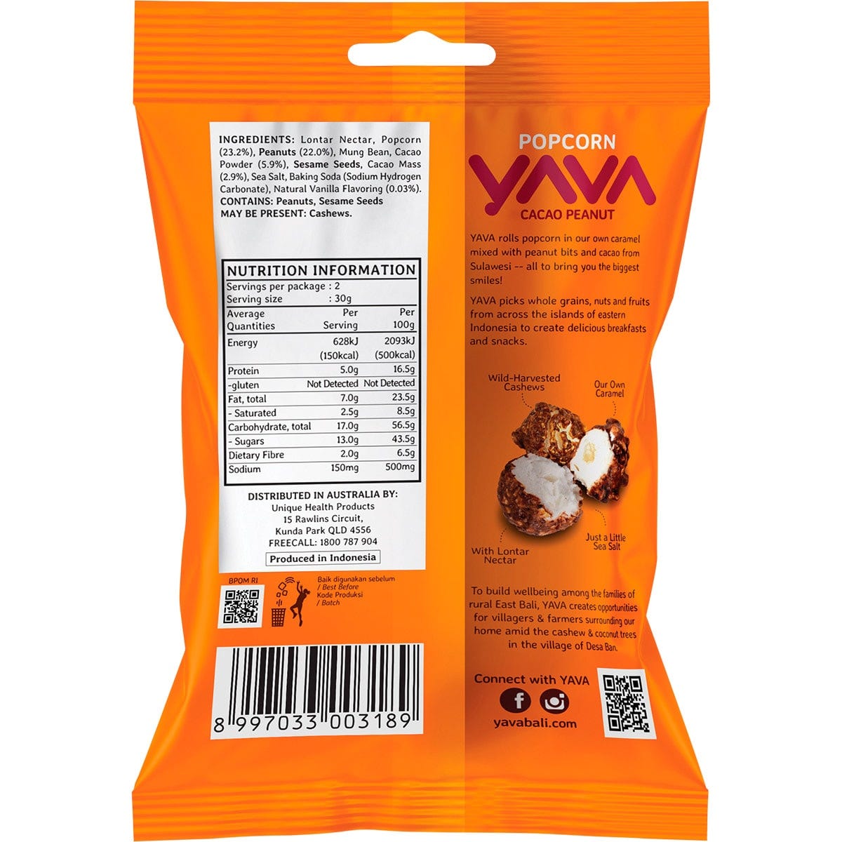 YAVA Popcorn Cacao Peanut 60g - Dr Earth - Chips & Popcorn